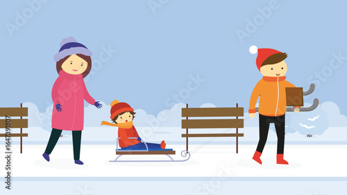 Family on winter vacation. Vector illustration in flat cartoon style. Father, mother and child on sled.