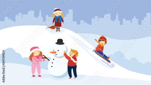Children playing snowballs and sledding in the city. Flat style vector illustration.