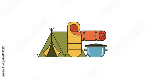 camping essentials tent sleeping bag mat and cooking pot perfect for website banners travel blogs and outdoor gear advertisements