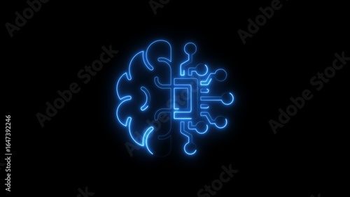 Glowing neon brain and microchip concept symbolizing artificial intelligence and technology