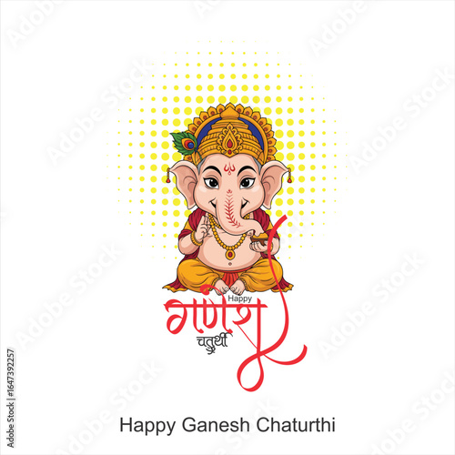 colorful Hindu god Ganesh, vibrant cartoon style, digital painting, highly detailed, vivid colors, intricate patterns, elaborate ornaments, happy expression, ganesh chaturthi festival, hindu holiday