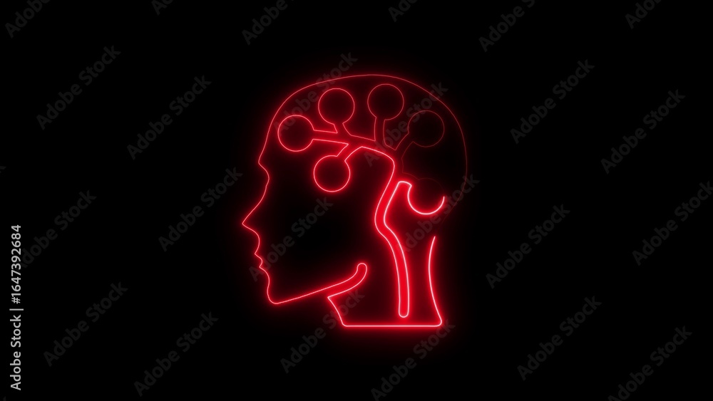 Obraz premium Glowing red neon human brain outline displaying artificial intelligence and cognitive processes