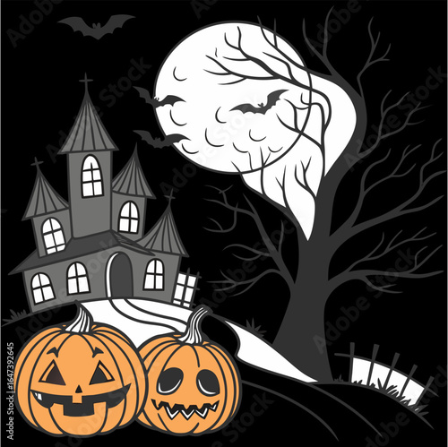 Old house with pumpkins in front, hellowen night Hellowen party. Happy Hellowen background vector,hellowen design vector,happy hellowen background image, hellowen background illustration 
