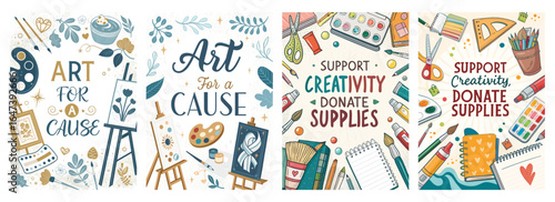 Colorful art-themed illustrations promoting creativity and donations for art supplies.