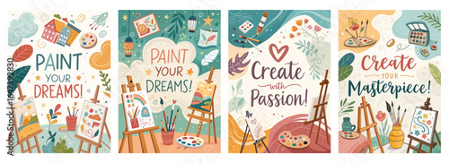 Colorful artistic posters promoting creativity and passion for painting, featuring inspiring phrases.