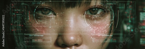 Occhi di donna con interfaccia olografica futuristica, concetto di tecnologia e intelligenza artificiale.