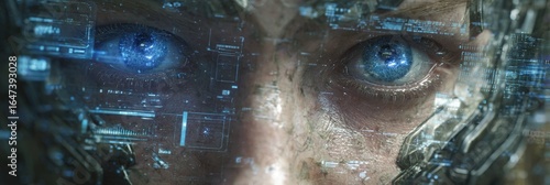 Occhio umano con elementi cibernetici e interfaccia digitale blu, concetto di futuro e tecnologia.