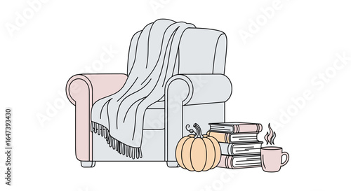 cozy armchair with blanket autumn scene fall reading books pumpkin mug lifestyle illustration