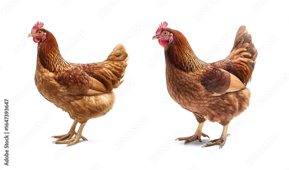 Fototapeta premium Two Brown Chickens: A picturesque depiction of two brown chickens, captured in a studio setting, presenting a view of poultry on bright surface