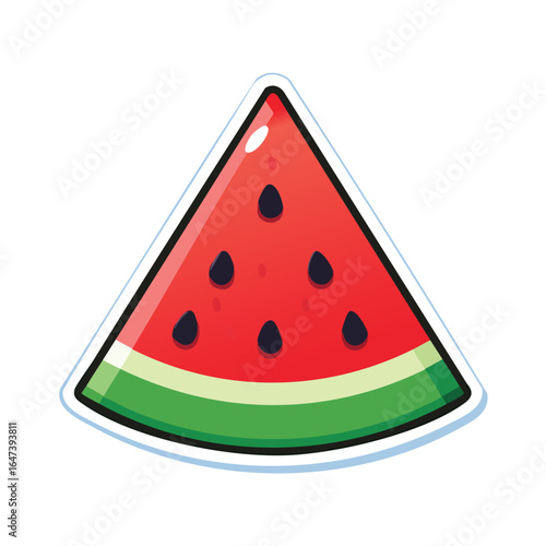 A vibrant illustration of a juicy, red watermelon slice with black seeds, isolated on white.