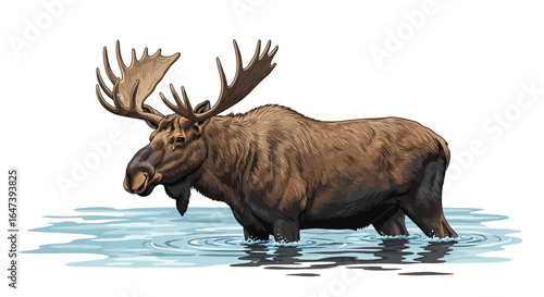 majestic bull moose in tranquil water perfect for wildlife nature and conservation projects adding a touch of wilderness elegance to your designs