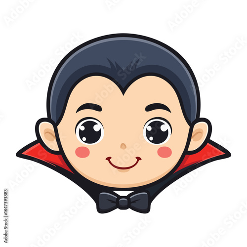 Cartoon illustration of a cute vampire character with a smiling face, wearing a black bowtie and red collar.
