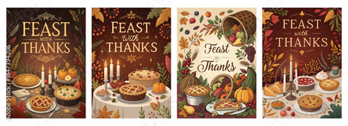 Autumn-themed illustrations celebrating gratitude with harvest pies and candles, perfect for Thanksgiving.