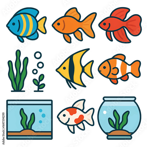 Illustrated collection of vibrant, colorful fish in aquatic settings, accompanied by plants and aquariums, showcasing marine themes and underwater scenes.