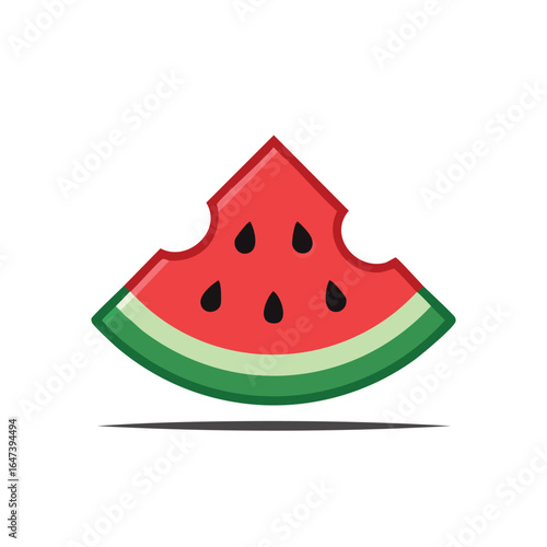 A vibrant illustration of a watermelon slice with a bite taken out, showcasing its juicy red flesh and black seeds.