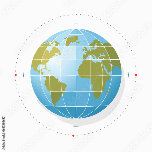 Illustration of the Earth with continents and oceans, surrounded by a dotted circle and compass points.