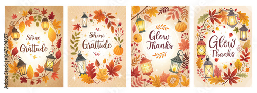 Four beautiful autumn-themed illustrations celebrating gratitude and thanks with vibrant leaves and lanterns.