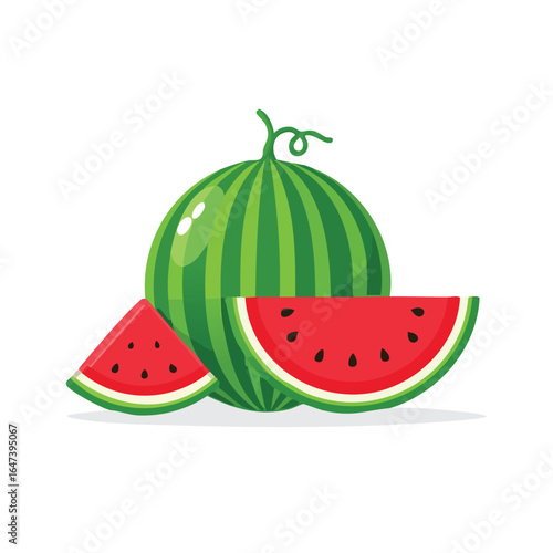 A vibrant illustration showcasing a whole watermelon alongside two juicy slices, perfect for summer.