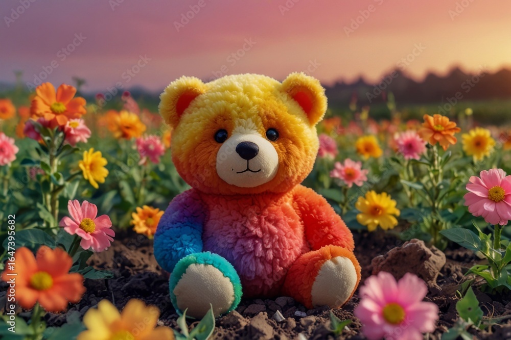 Fototapeta premium Rainbow soft toy bear lying in field of flowers at sunset