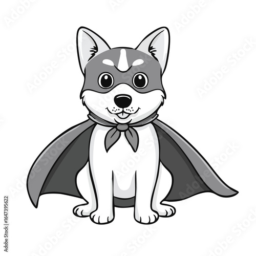 A cute cartoon illustration of a superhero dog wearing a cape and mask, sitting.