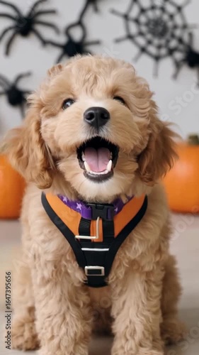 Cute fluffy dog in harness with happy expression surrounded by pumpkins and Halloween decorations