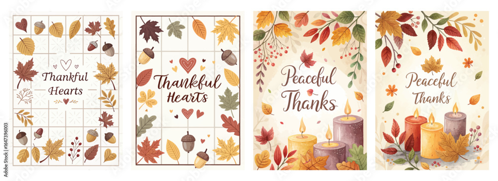 Fototapeta premium Autumn-themed illustrations featuring leaves, acorns, and candles expressing gratitude and peace.