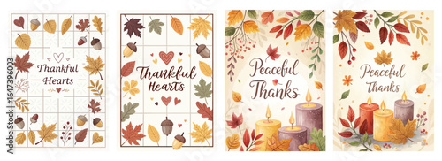 Autumn-themed illustrations featuring leaves, acorns, and candles expressing gratitude and peace.