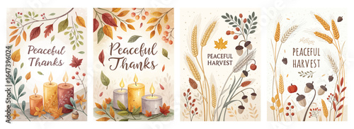 Autumn-themed illustrations featuring candles, leaves, and harvest elements with a tranquil, warm ambiance.
