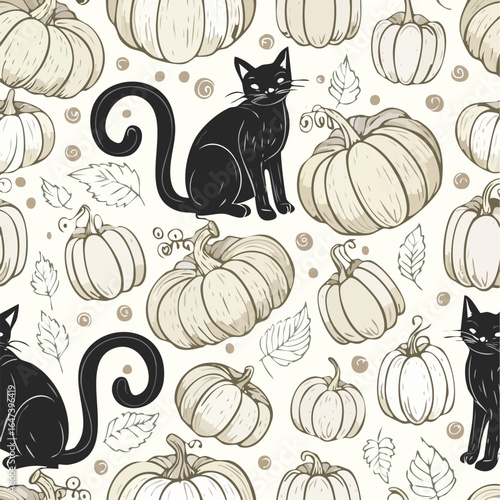 Seamless Halloween pattern featuring black cats and pumpkins with autumn leaves on a white background.