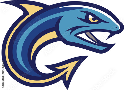 Aggressive blue shark mascot with a fierce grin