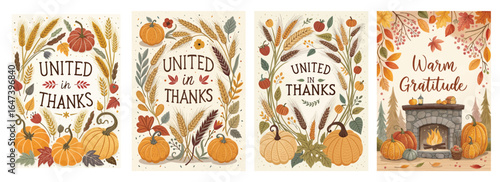 Autumn-themed collection of gratitude cards featuring pumpkins and warm colors.