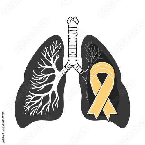 Anatomy illustration of human lungs with a yellow ribbon, symbolizing lung cancer awareness and support.