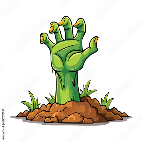 Cartoon illustration of a green zombie hand emerging from the ground, a Halloween-themed image.
