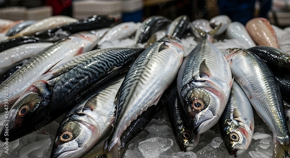 Obraz premium Fresh mackerel fish displayed on a bed of ice, showcasing their silvery scales and streamlined bodies.