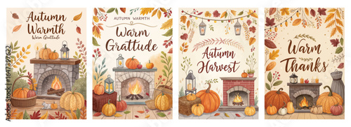 A cozy autumn-themed illustration showcasing warmth, gratitude, and harvest with pumpkins and fireplaces.