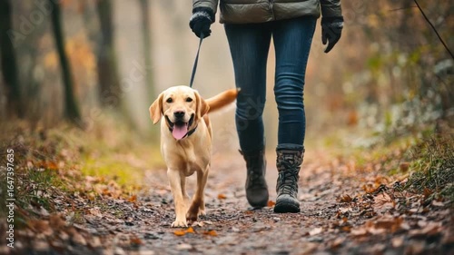 This footage captures a cheerful dog strolling with its owner in a serene forest environment. Ideal for pet videos, this clip showcases joy and connection. Generative AI