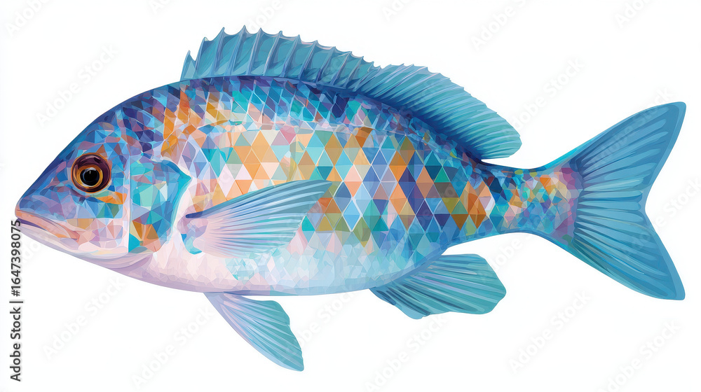 Fototapeta premium Vibrant tropical fish with geometric scale patterns shades of blue, orange, and pink, showcasing modern and artistic design. fish has detailed, lifelike appearance with creative polygonal texture