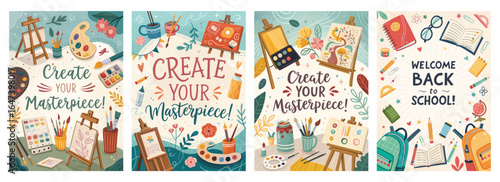 Colorful back-to-school art illustrations featuring paintbrushes, palettes, and cheerful text.
