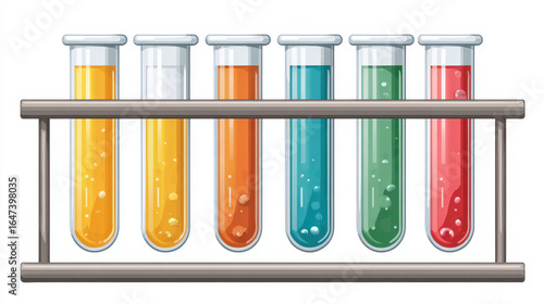 Test tubes in rack filled with colorful liquids, including yellow, orange, green, blue, and red, representing vibrant and scientific laboratory setting