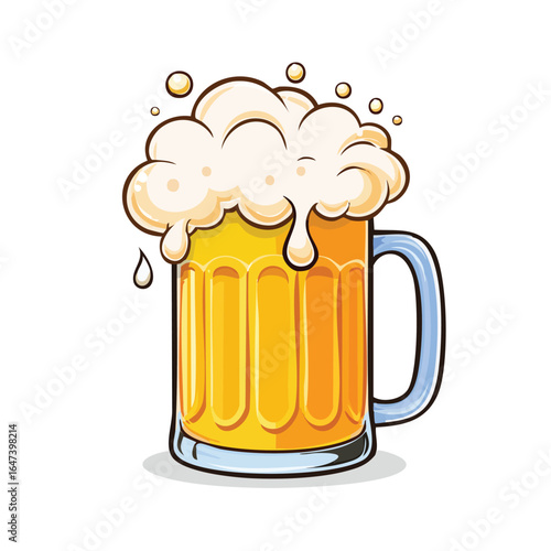 A detailed illustration of a full beer mug with a large foamy head, ready to drink.