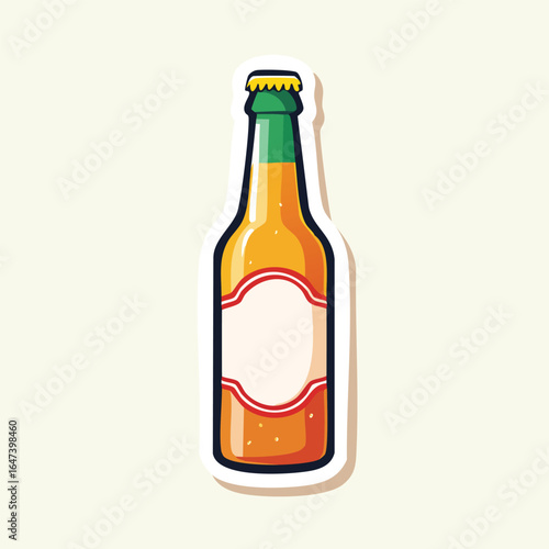 Cartoon illustration of a beer bottle with a green neck and a golden cap.