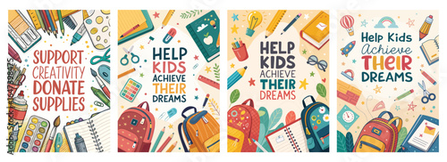 Colorful illustrations promoting creativity and support for children's education through supply donations.