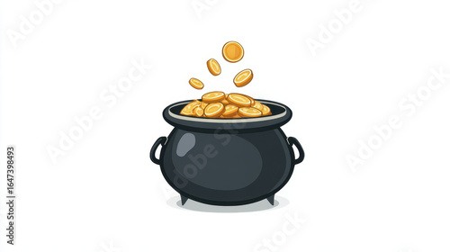 Black cauldron filled with gold coins, with some coins appearing to be falling into it, illustrated in cartoony style with clean lines and vibrant colors. image conveys wealth and fortune