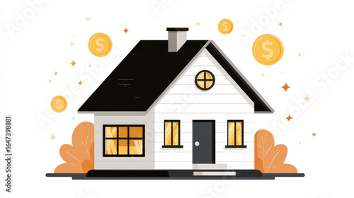 Cozy white house with black roof is surrounded by golden coins and sparkles, symbolizing real estate investment, property value, or financial growth. illustration is clean and cartoony