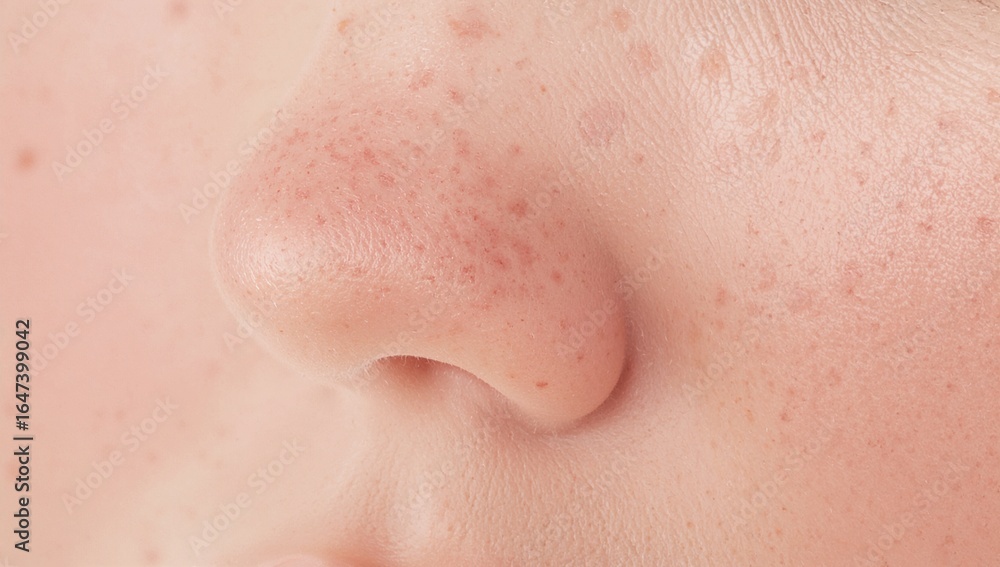 Fototapeta premium Close up of a freckled nose and cheekbone with soft blush tint on plain white background