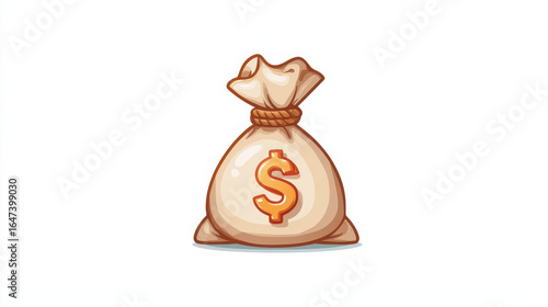 Cartoon style illustration of money bag with dollar sign on it, tied with rope, symbolizing wealth, savings, or financial success. design is simple and colorful, with clean white background