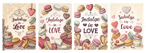 A colorful collection of illustrated desserts celebrating love with macarons, cookies, and hearts.