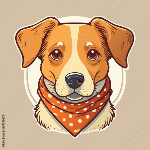 A charming cartoon illustration of a happy dog wearing an orange polka dot bandana.