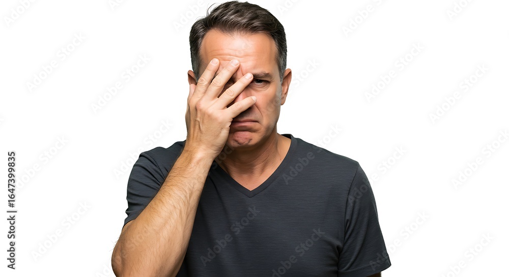 Fototapeta premium Stressed middle-aged man in a grey t-shirt covering his face with his hand in despair