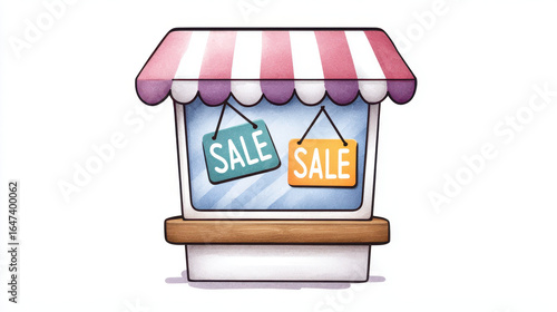Colorful illustration of small shop with striped awning, wooden counter, and two SALE signs hanging in window. design is cartoony and cheerful, with watercolor style fill